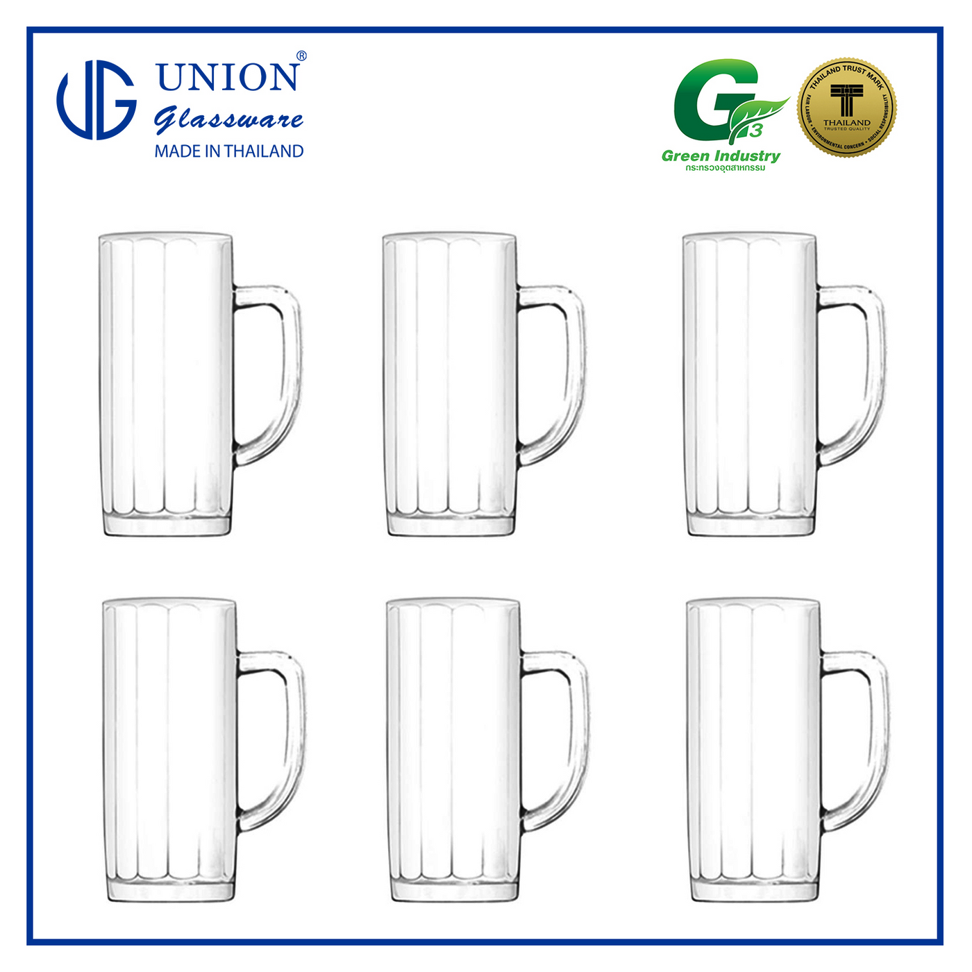 UNION GLASS Thailand Premium Clear Glass Beer Mug Beer Lovers 375ml Set of 6 Amazing Gift Idea For Any Occasion!