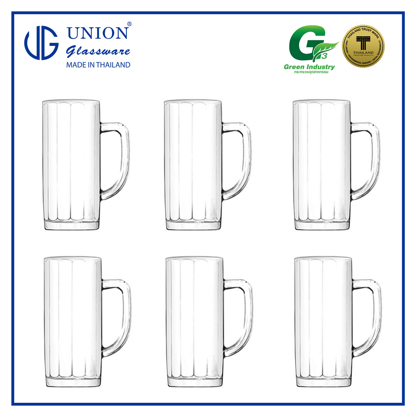 UNION GLASS Thailand Premium Clear Glass Beer Mug Beer Lovers 375ml Set of 6