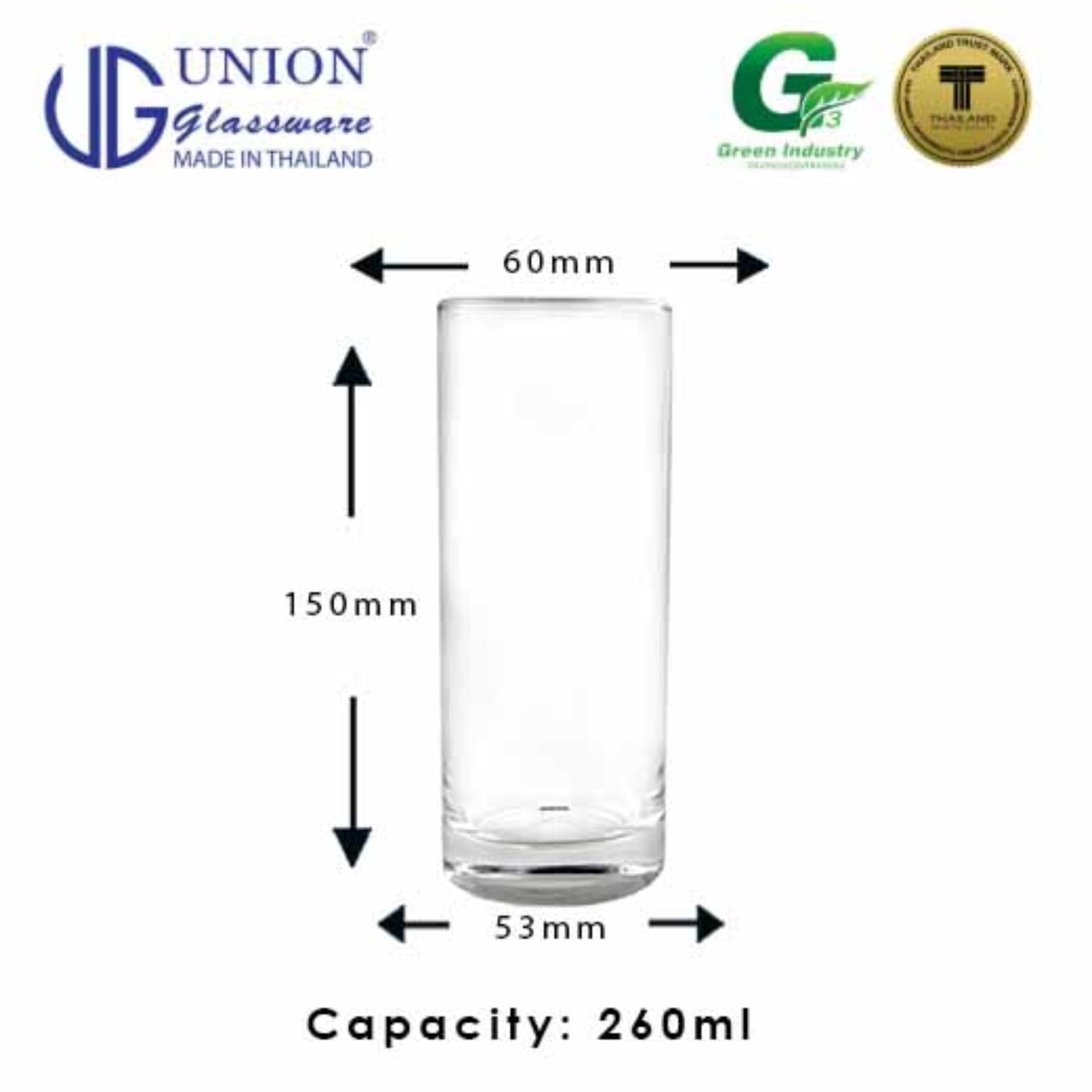 UNION GLASS Thailand Premium Clear Glass Highball Glass 260 ml | 9 oz Set of 6
