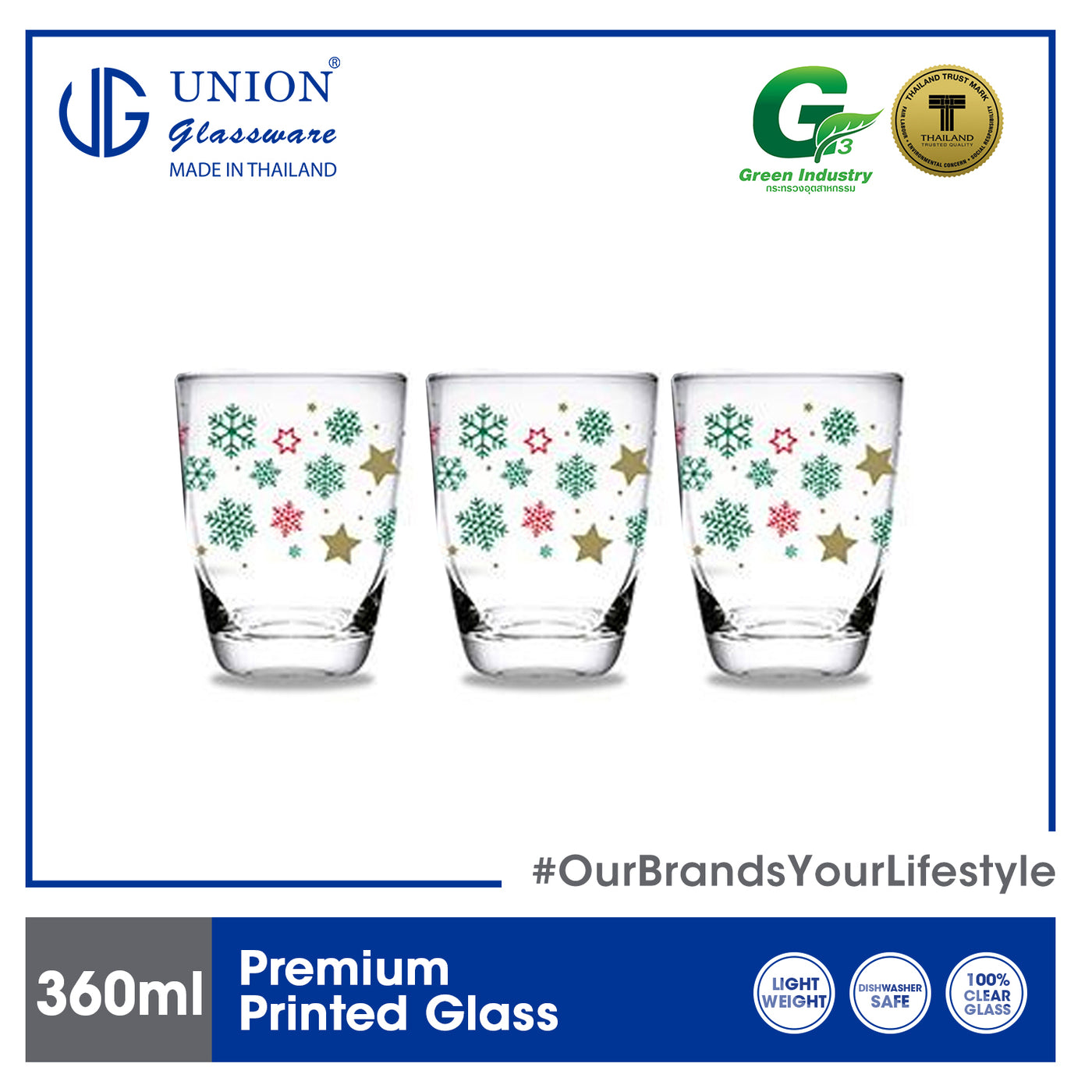 UNION GLASS Printed Glass Limited Edition Design Water, Juice, Soda, Liquor Glass 360ml | 13oz [Set of 3] Amazing Gift Idea For Any Occasion!