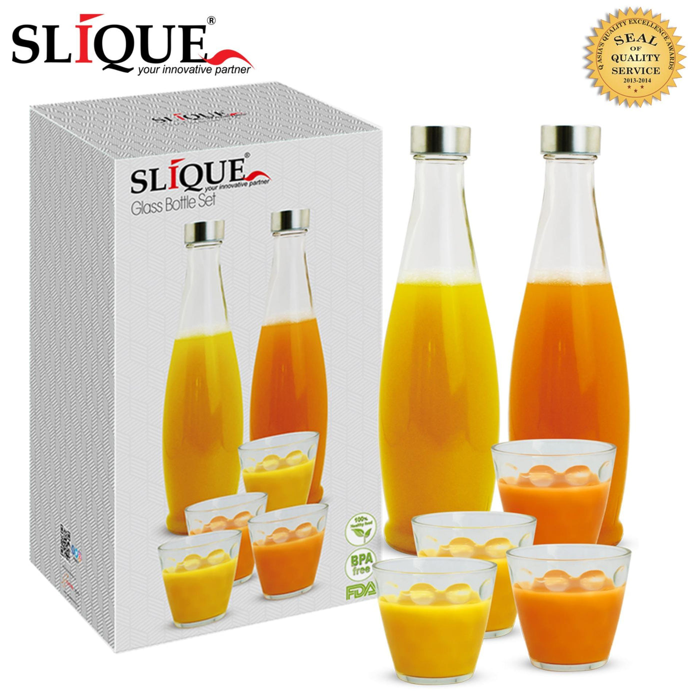 SLIQUE Premium Glass Bottle w/ Cover and Rock Glass Set of 4 Amazing Gift Idea For Any Occasion!