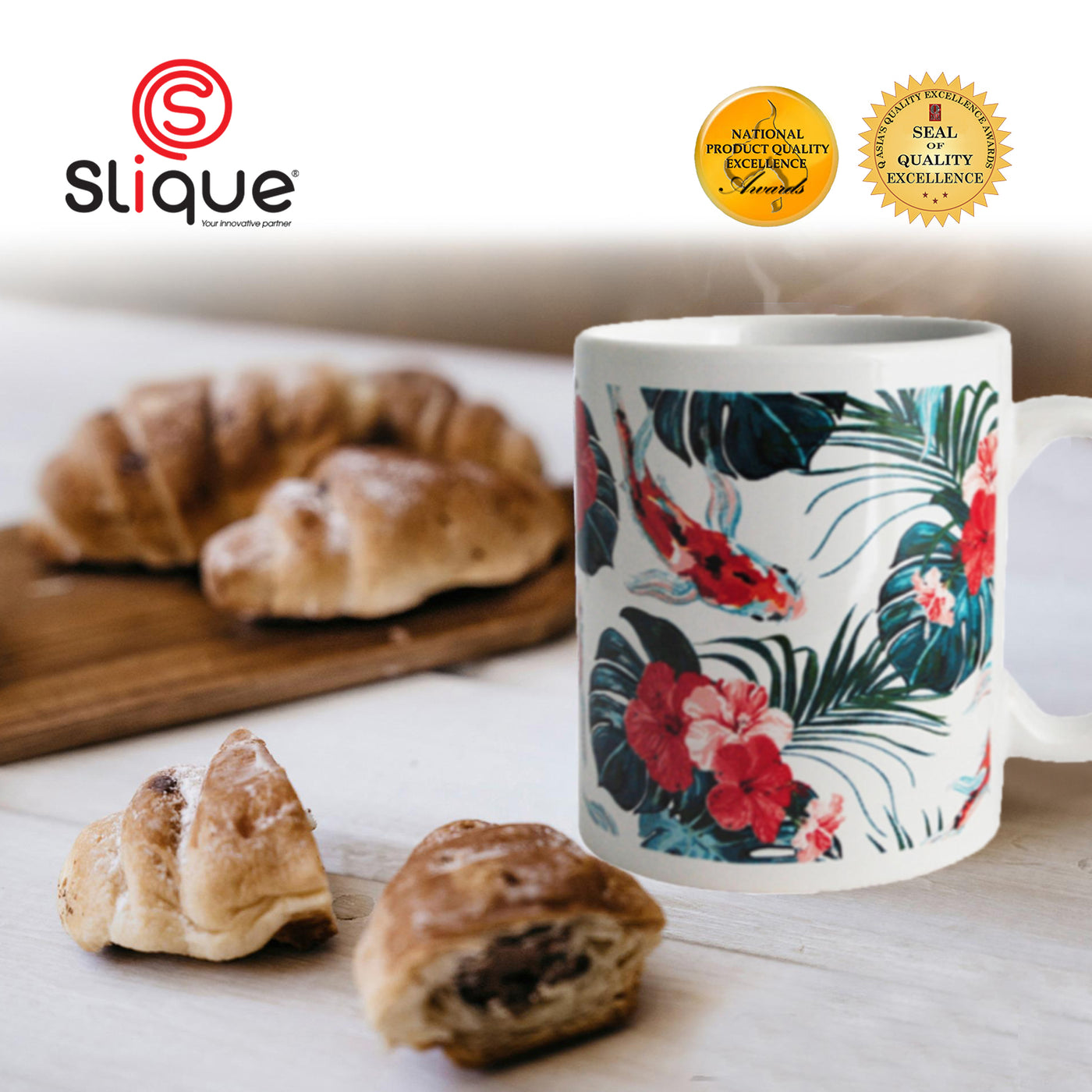 SLIQUE Premium Ceramic Mug Limited Edition Design 300ml Amazing Gift Idea For Any Occasion! (Koi Fish Floral)