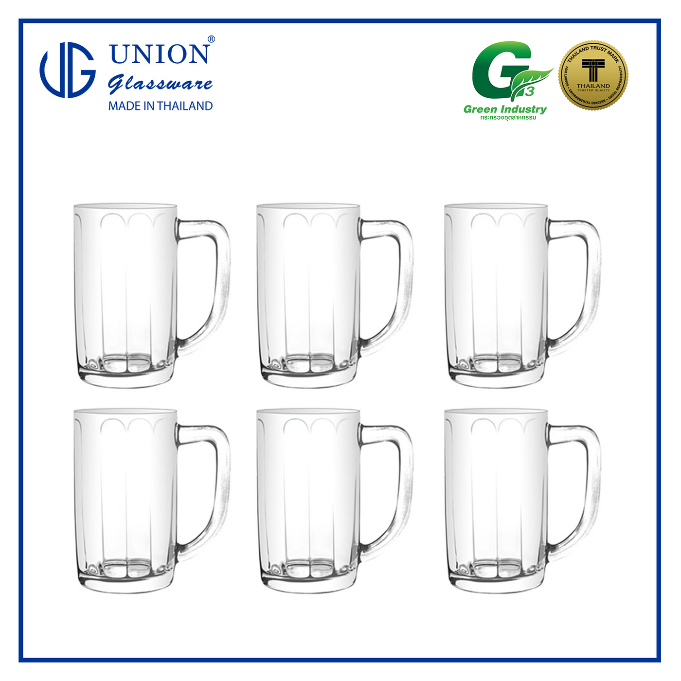 UNION GLASS Thailand Premium Clear Glass Beer Mug Beer Lovers 500ml Set of 6