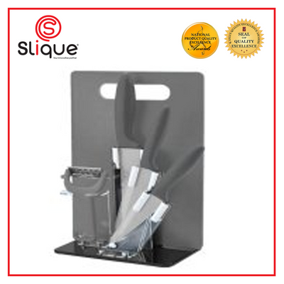 SLIQUE Premium Stainless Steel Kitchen Knife Block w/ Peeler Cutting Board Set of 6 Amazing Gift Idea For Any Occasion! (Gray)