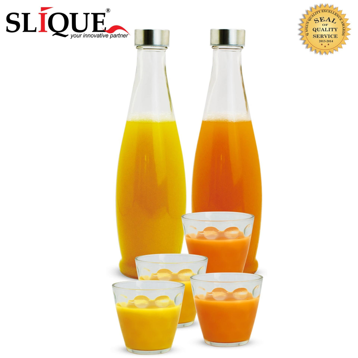 SLIQUE Premium Glass Bottle w/ Cover and Rock Glass Set of 4