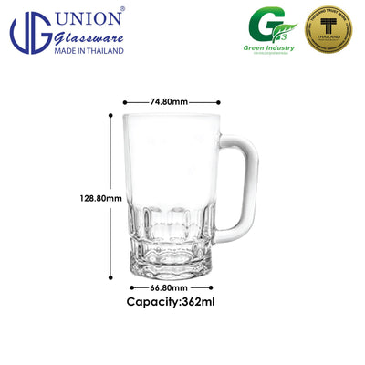 UNION GLASS Thailand Premium Clear Glass Beer Mug Beer Lovers 385ml Set of 6 Amazing Gift Idea For Any Occasion!